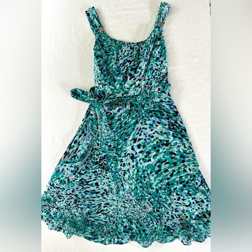WHBM Dress Size 12 Sleeveless Blue Green Abstract Print Belted A-Line